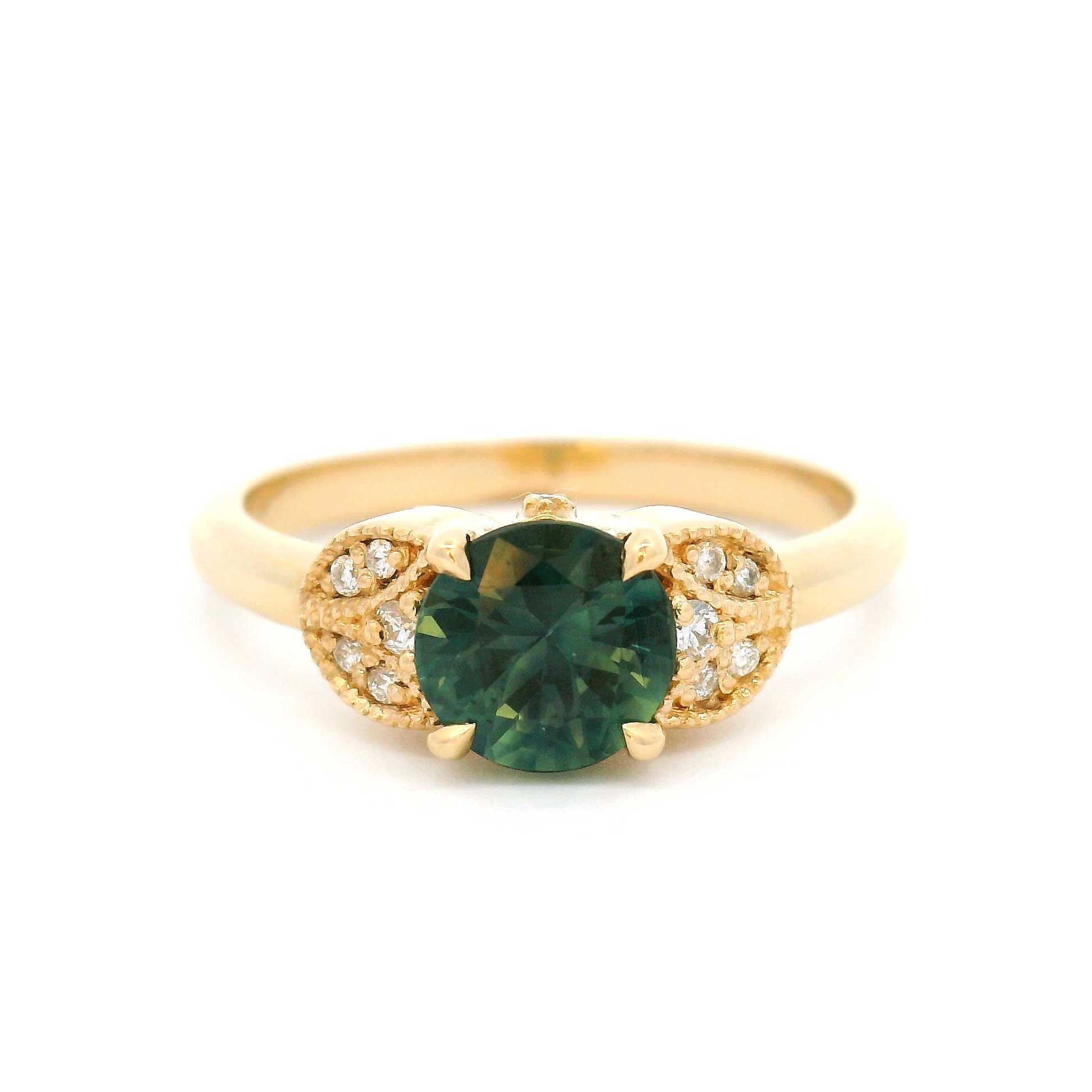 14k Yellow Vintage-Inspired Ring with 0.83ct Teal Sapphire and Accent Diamonds