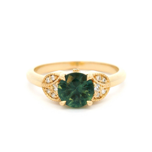 14k Yellow Vintage-Inspired Ring with 0.83ct Teal Sapphire and Accent Diamonds