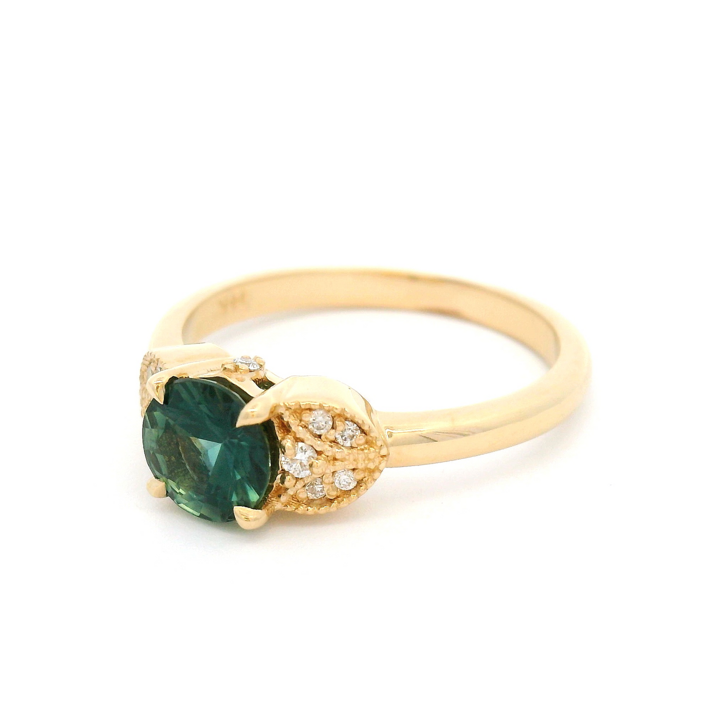 14k Yellow Vintage-Inspired Ring with 0.83ct Teal Sapphire and Accent Diamonds