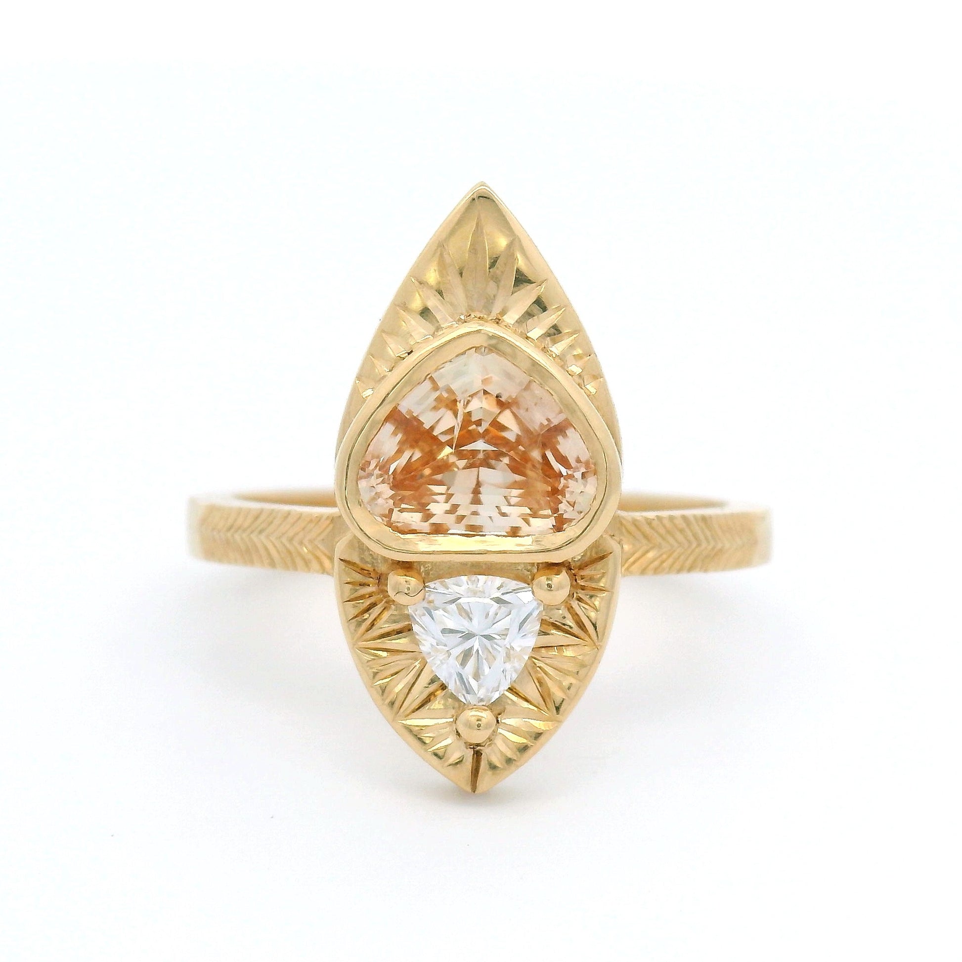 14k Yellow Natural 1.15ct Peach Sapphire Ring with Accent Lab-Grown Trilliant Diamond