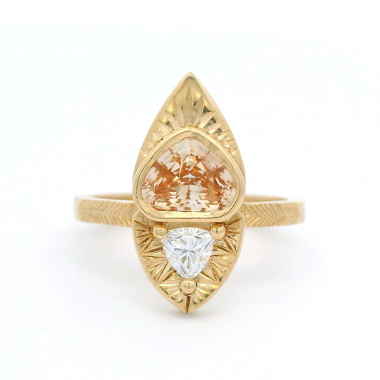 14k Yellow Natural 1.15ct Peach Sapphire Ring with Accent Lab-Grown Trilliant Diamond