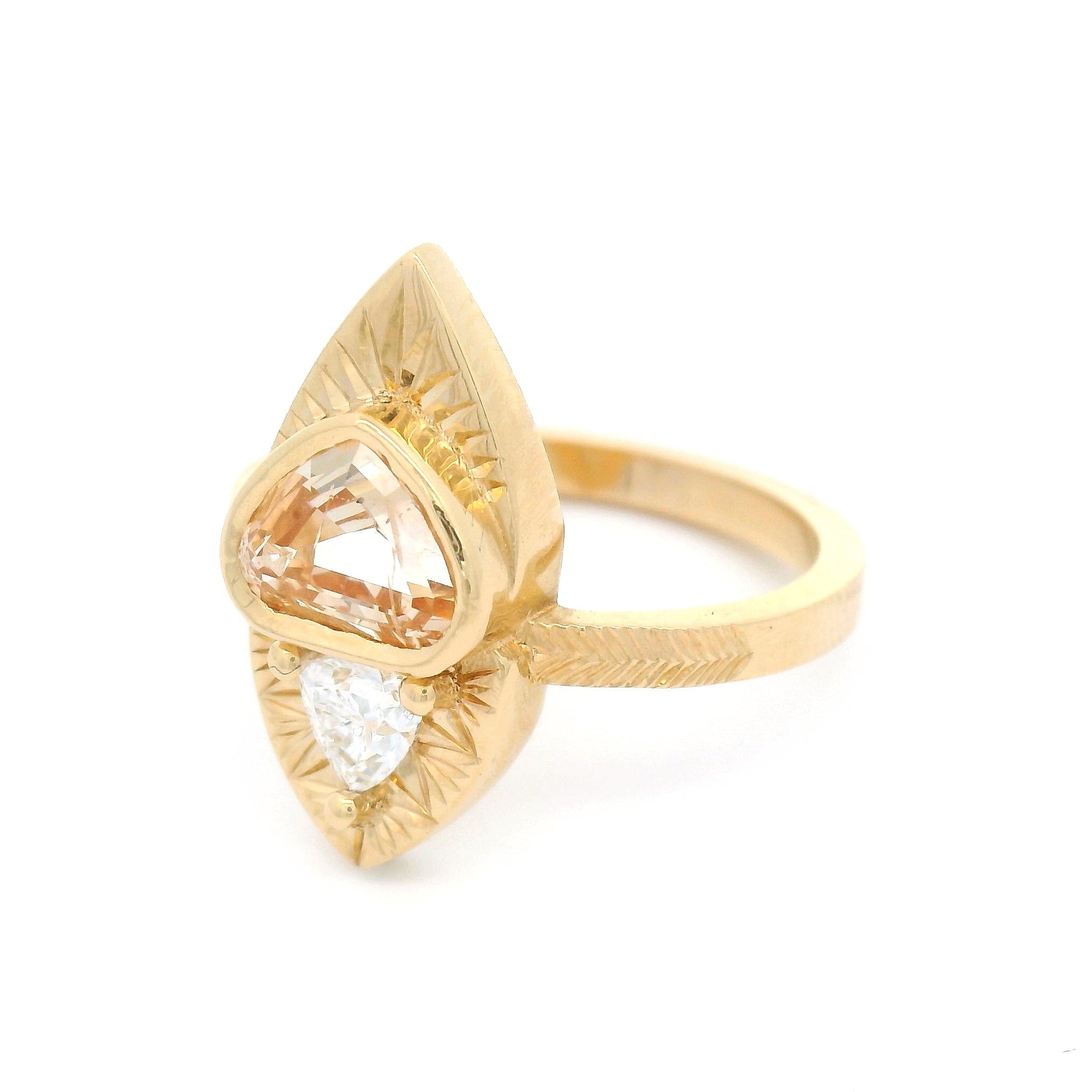 14k Yellow Natural 1.15ct Peach Sapphire Ring with Accent Lab-Grown Trilliant Diamond