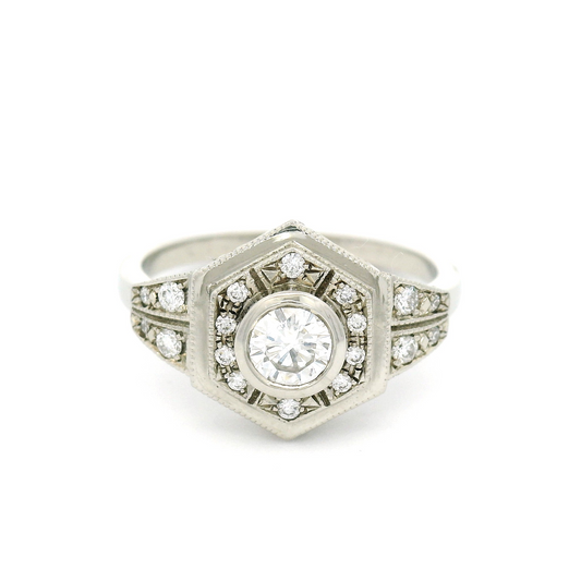 14k White Lexy Ring with Hand Engraving and Accent Diamonds