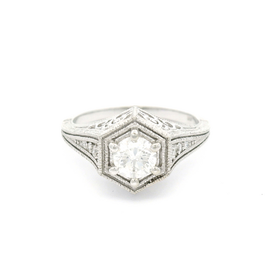 14k White Hand Engraved Ring set with 0.46ct Diamond and Accent Diamonds
