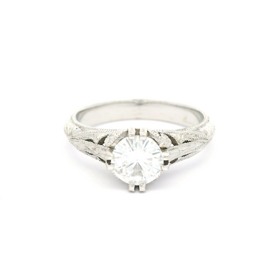 14k White Hand Engraved Moissanite Floral Solitaire