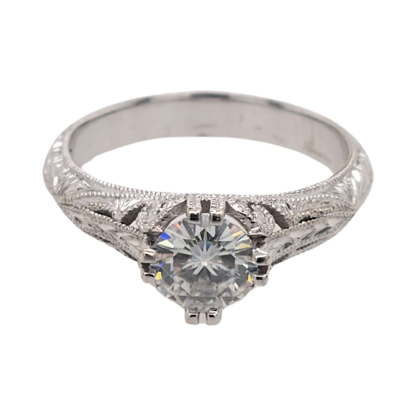Engraved Moissanite Floral Ring