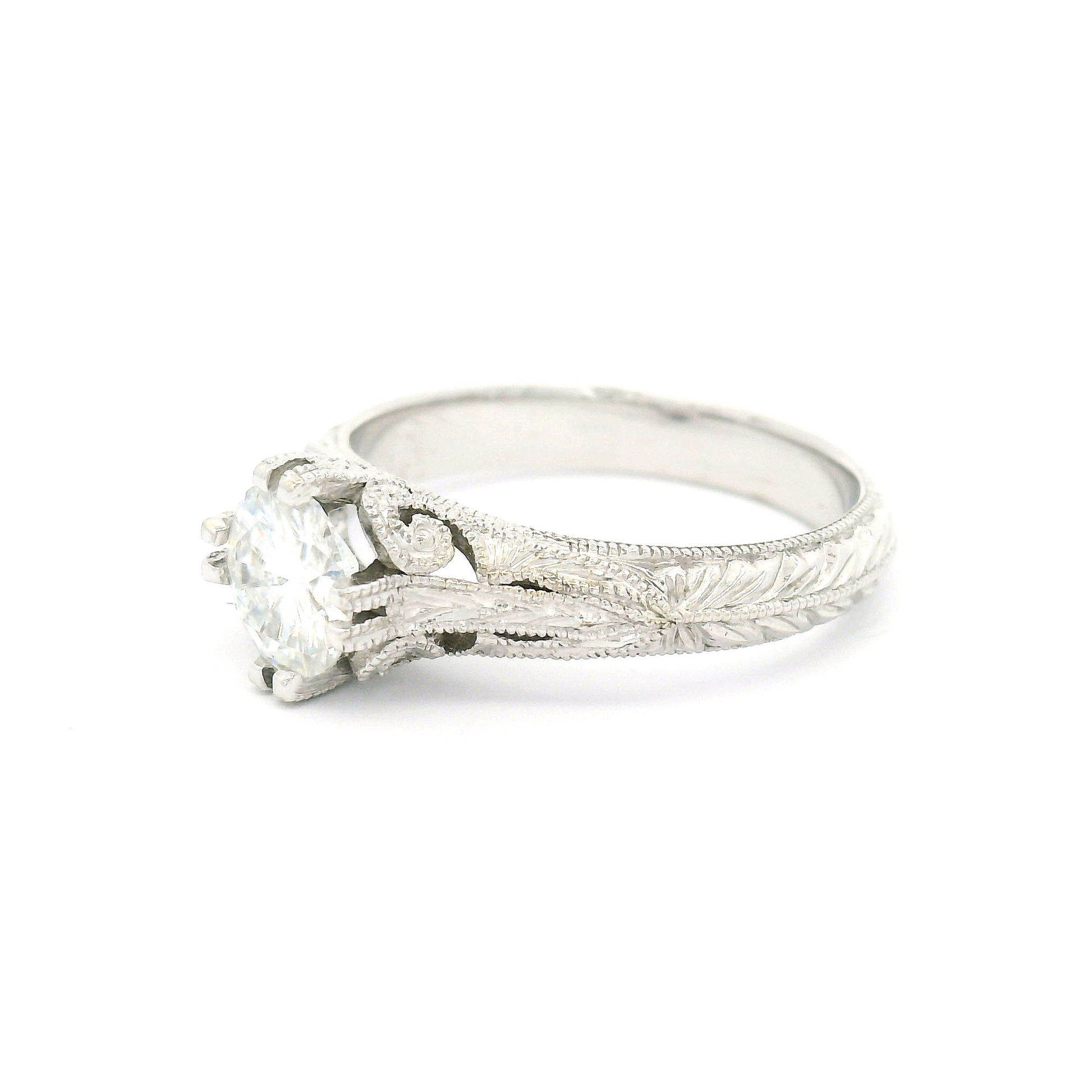 14k White Hand Engraved Moissanite Floral Solitaire