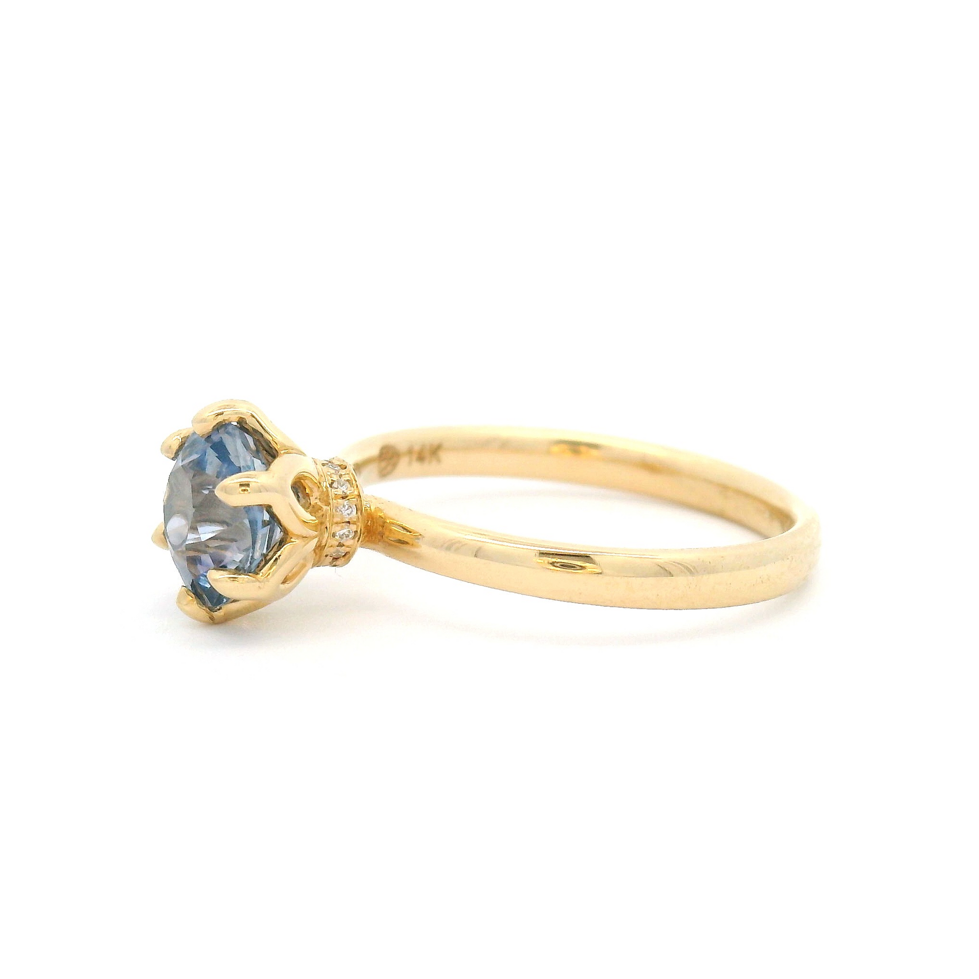 14k Yellow Solitaire with 1.53ct Light-Blue Sapphire & Hidden Accent Diamond Halo