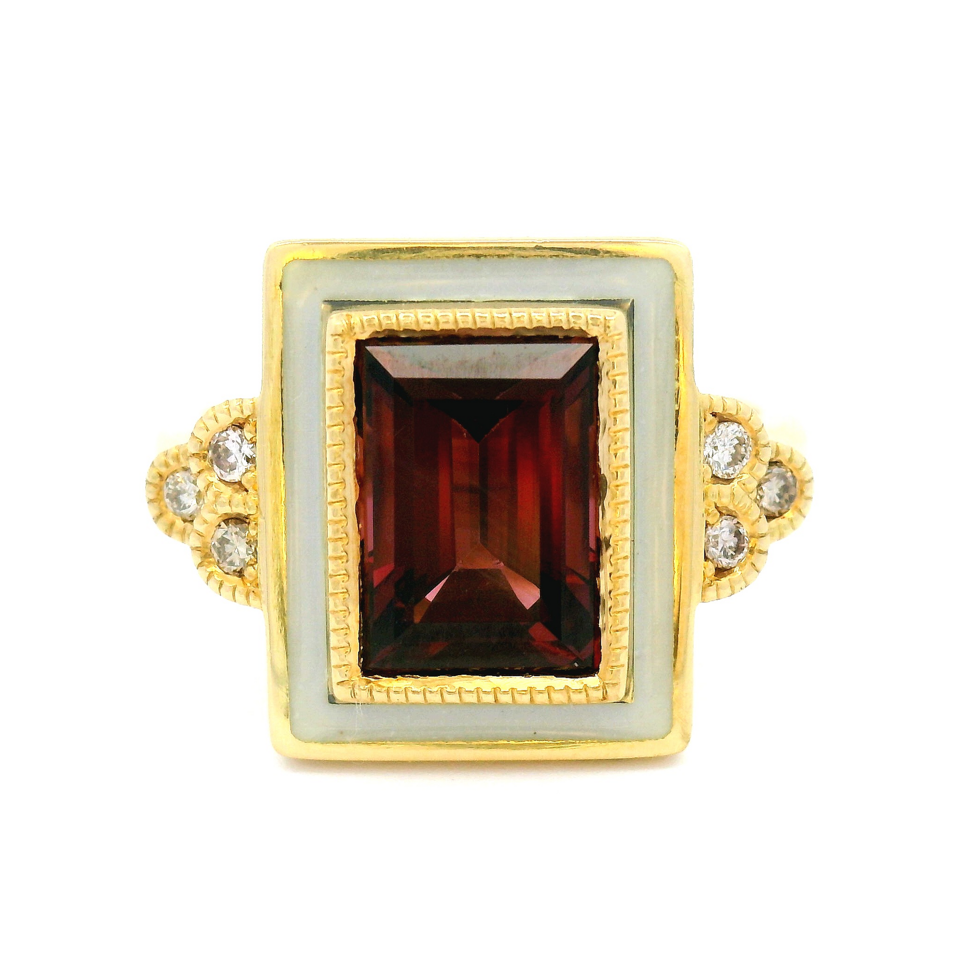 18k Yellow Enameled Engagement Ring with 2.52ct Raspberry Spinel and Accent Diamonds