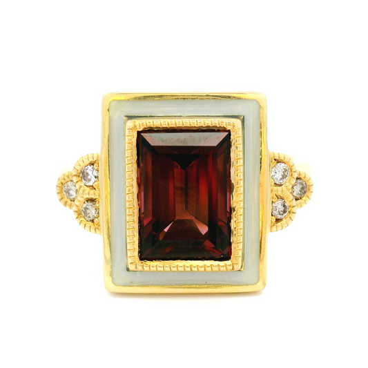 18k Yellow Enameled Engagement Ring with 2.52ct Raspberry Spinel and Accent Diamonds