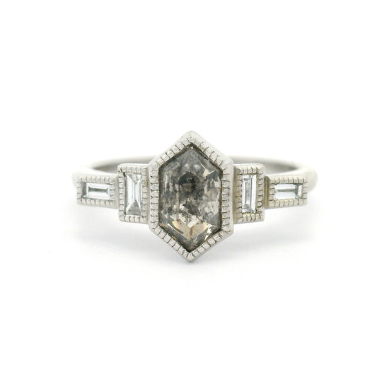 14k White Art Deco Inspired Ring with 0.90ct Rose-Cut Salt & Pepper Diamond and Accent Diamonds
