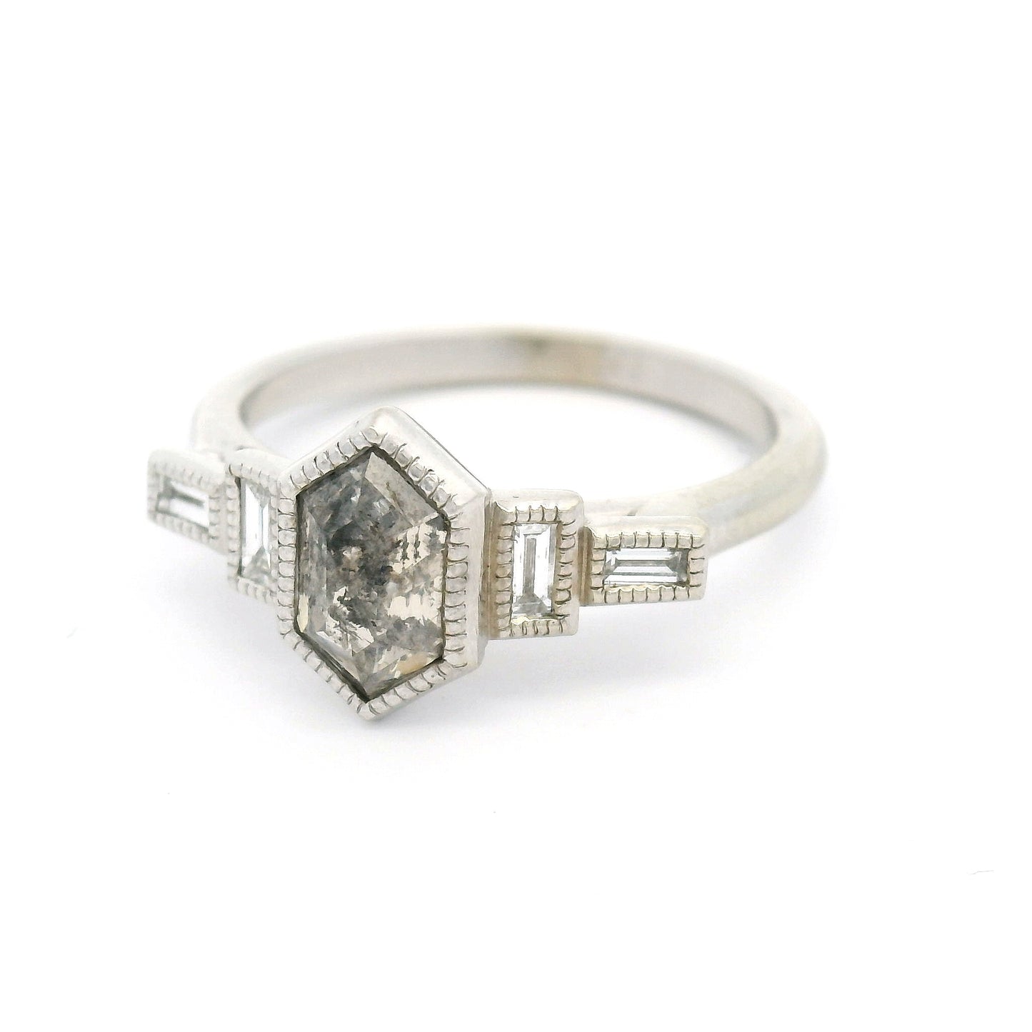 14k White Art Deco Inspired Ring with 0.90ct Rose-Cut Salt & Pepper Diamond and Accent Diamonds