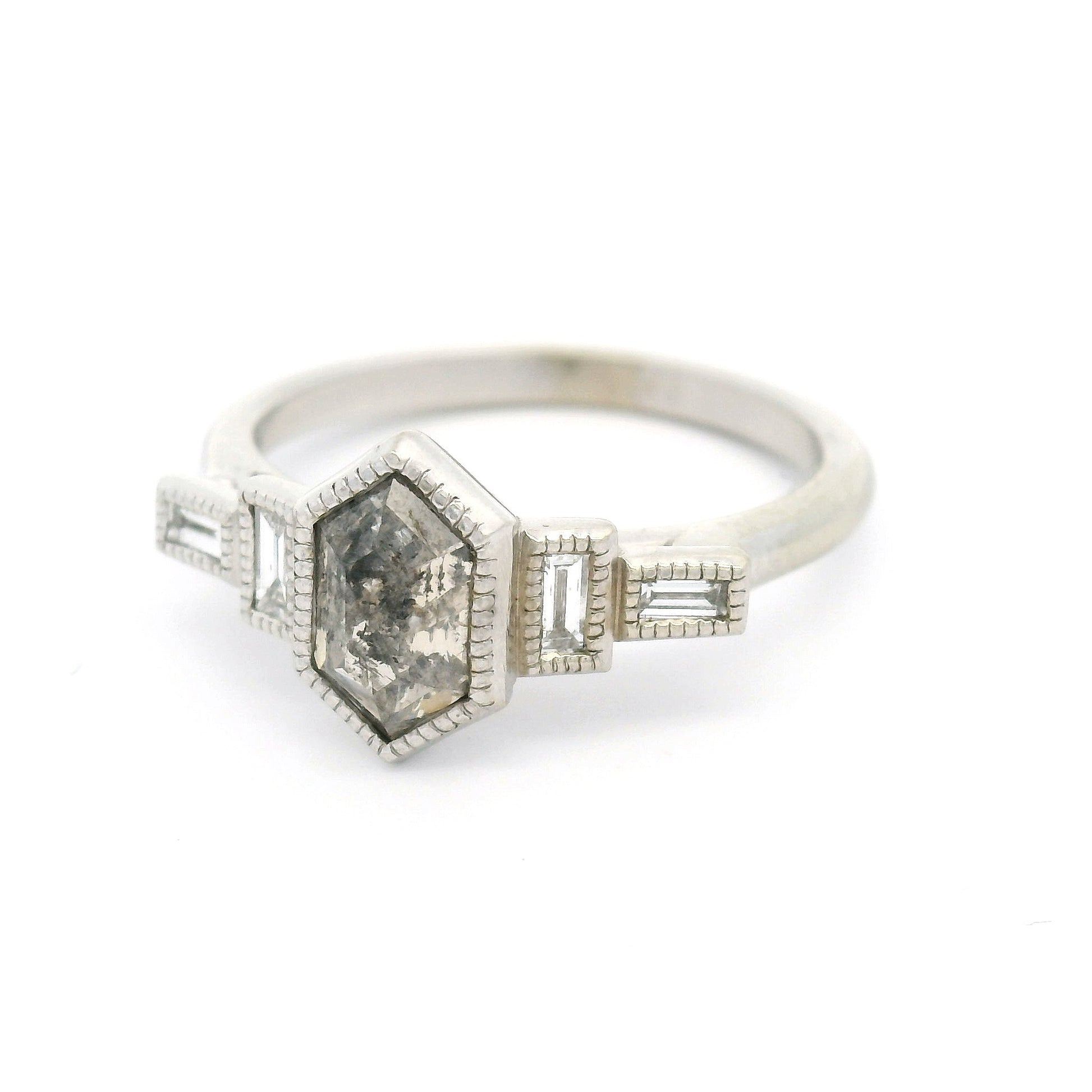 14k White Art Deco Inspired Ring with 0.90ct Rose-Cut Salt & Pepper Diamond and Accent Diamonds