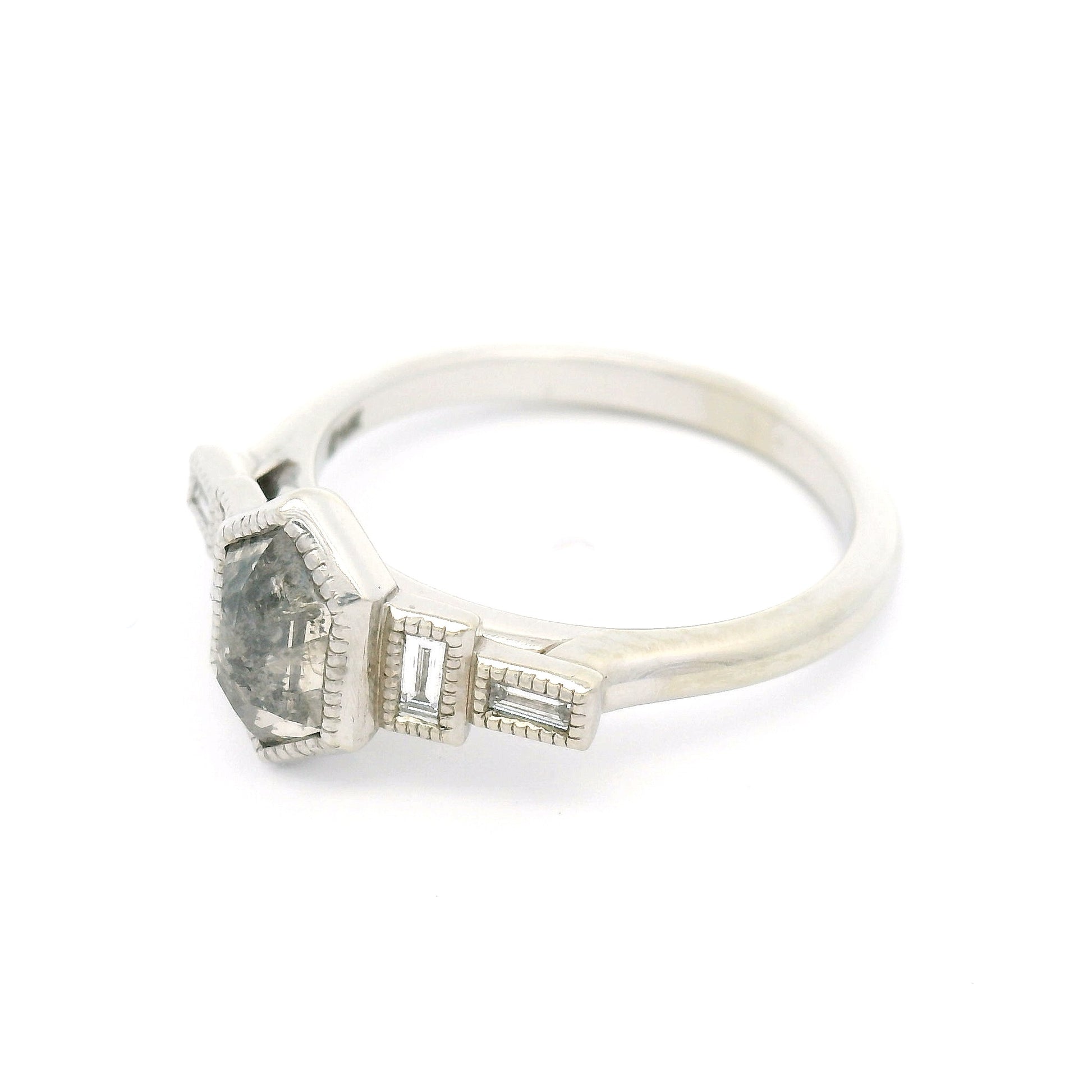 14k White Art Deco Inspired Ring with 0.90ct Rose-Cut Salt & Pepper Diamond and Accent Diamonds
