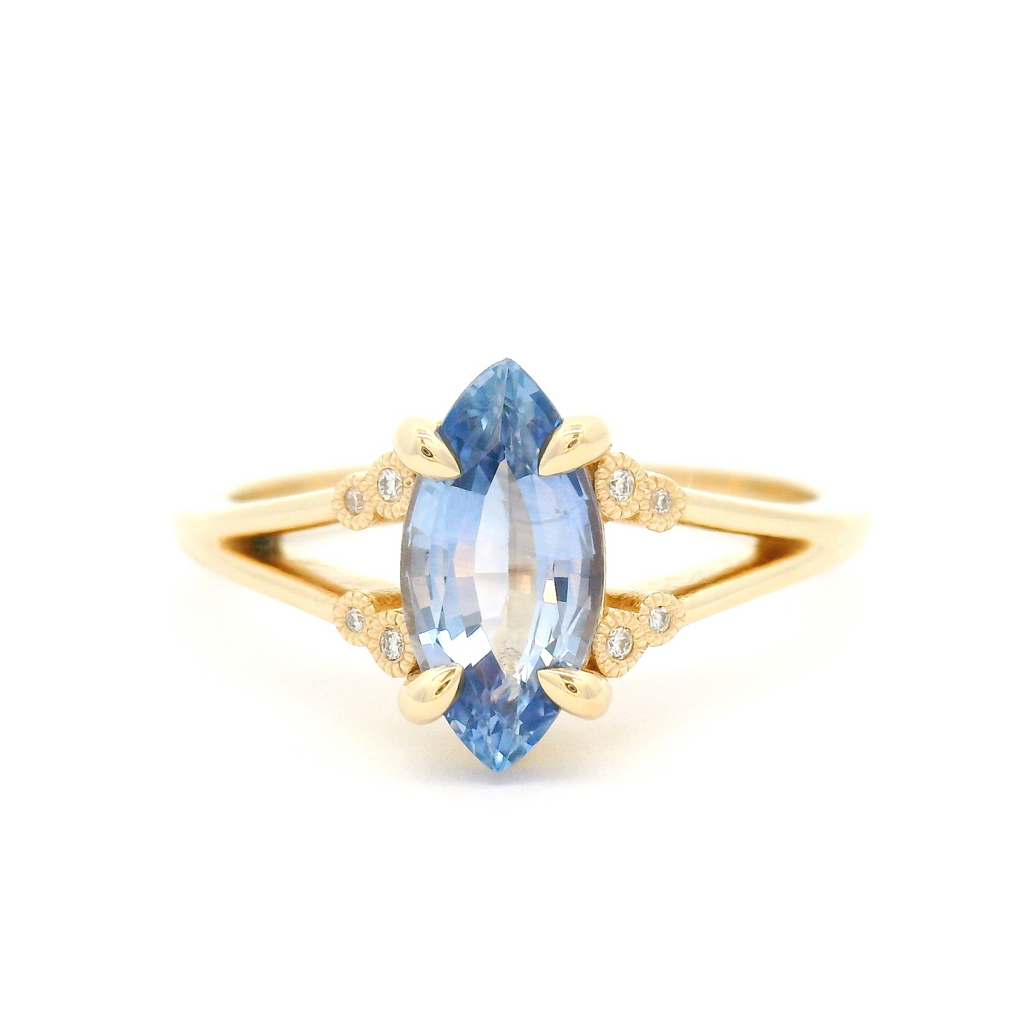 14k Yellow Split Band Ring with 1.34ct Blue Sapphire and Accent Diamonds