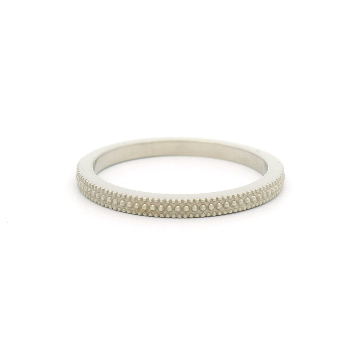 10K white gold 1.8mm band handmade in Toronto with three rows of fine milgrain beaded detailing.