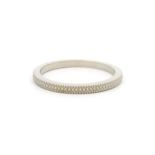 10K white gold 1.8mm band handmade in Toronto with three rows of fine milgrain beaded detailing.