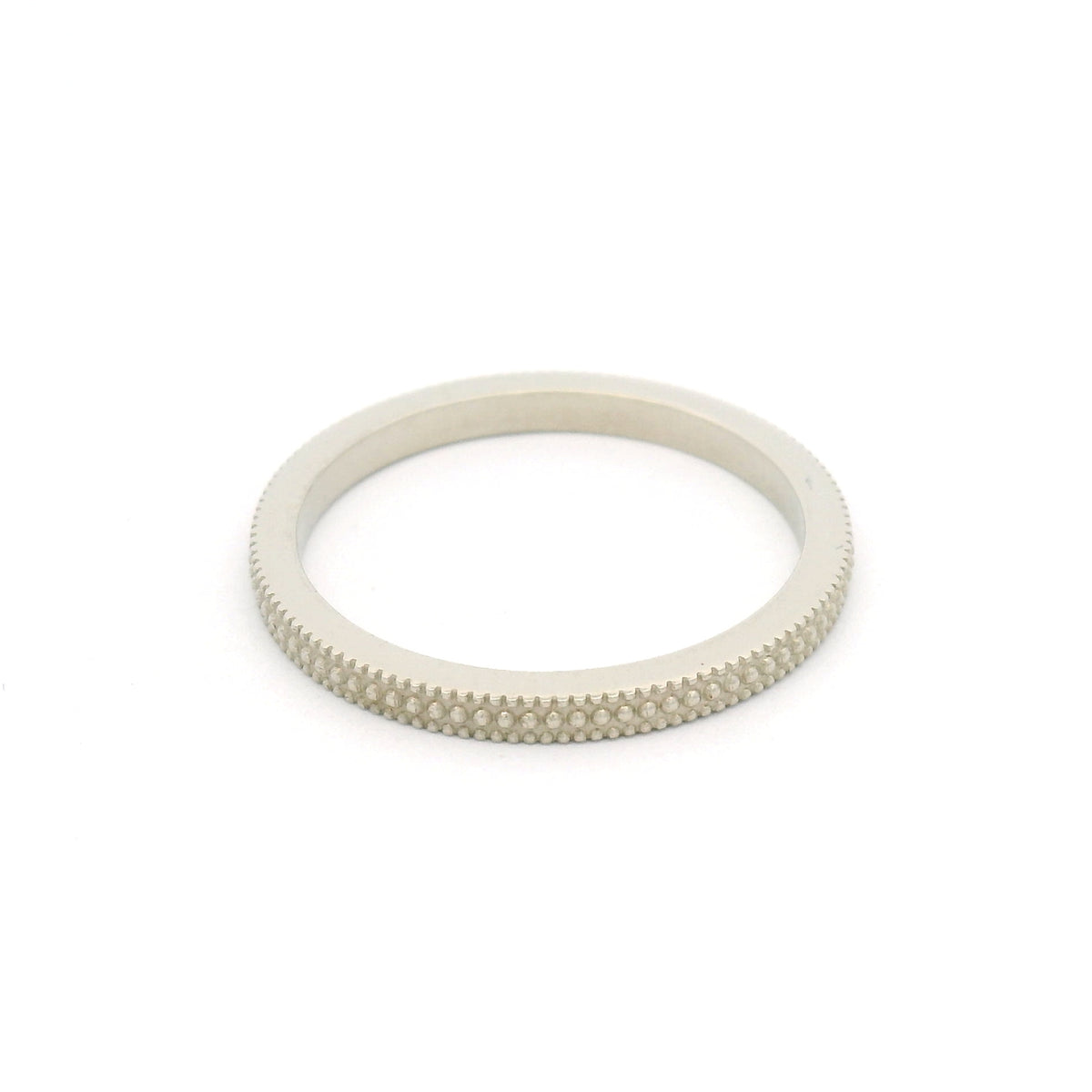10K white gold 1.8mm band made in Toronto with three rows of fine milgrain beaded detailing.