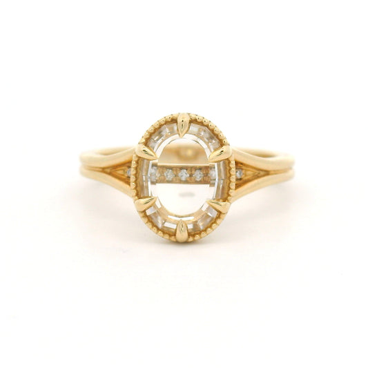 14K yellow gold engagement ring with a 0.82ct lab-grown step-cut hexagon white sapphire, claw setting, milgrain border and hidden diamond accents.