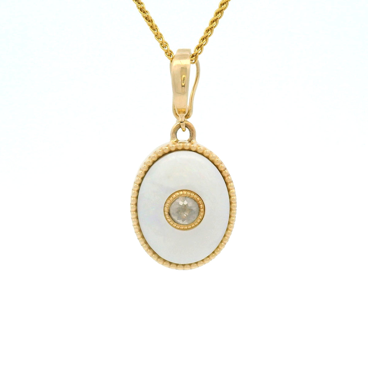 14K yellow gold pendant featuring a natural 1.15ct cabochon opal with a beaded bezel edge, centre-set 0.20ct rose-cut diamond and hinged bail.