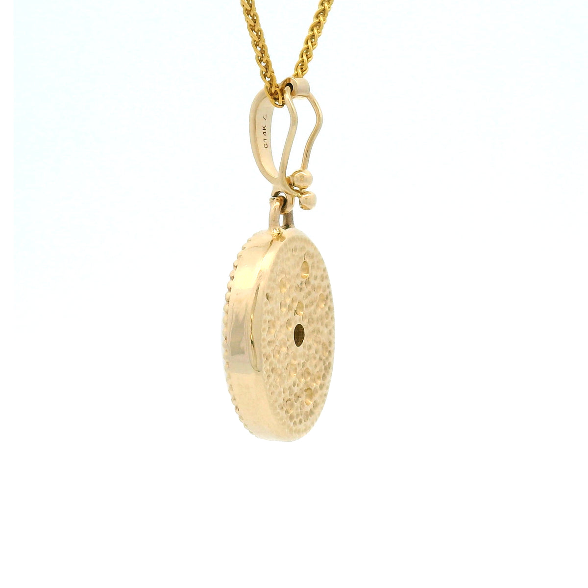 14K yellow gold pendant featuring a natural 1.15ct cabochon opal with a beaded bezel edge, centre-set 0.20ct rose-cut diamond and hinged bail.