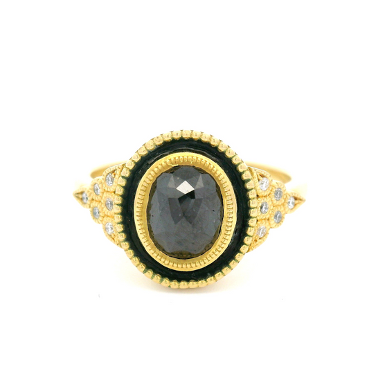 18k Yellow Enameled Ring with 1.42ct Black Rose-Cut Diamond and Accent Diamonds