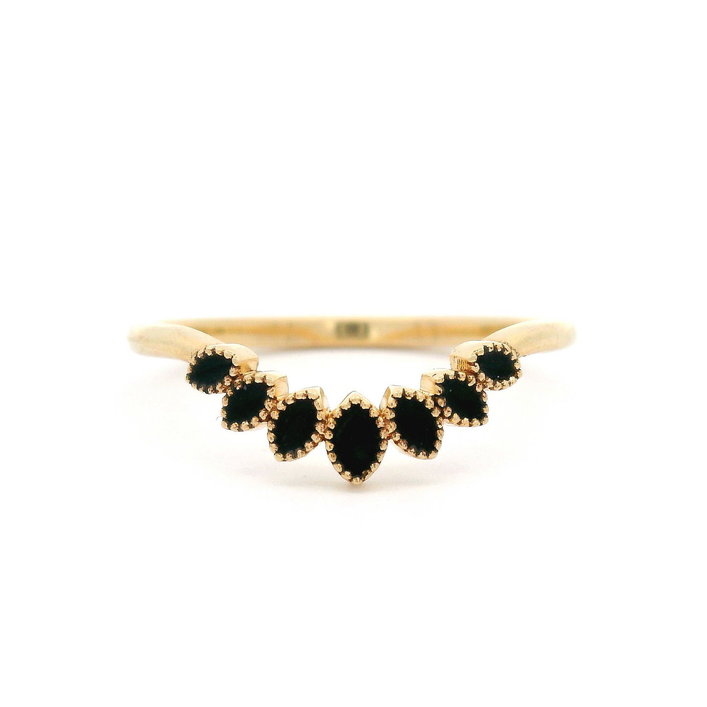 14k Yellow Vintage-Style Contour Band with 7 Tapering Black Enamel Leaves