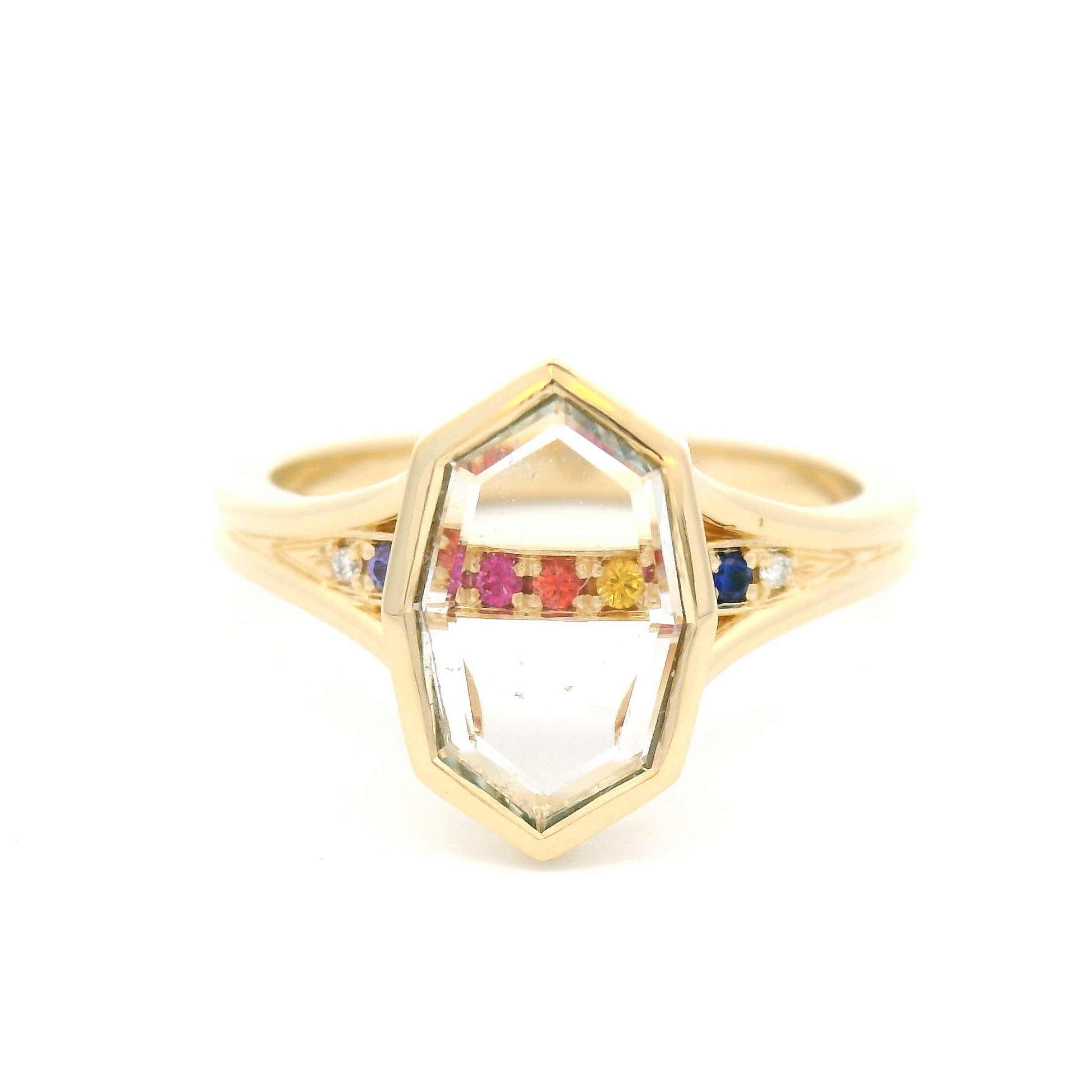 14k Yellow Engagement Ring with 1.07ct Portrait-Cut Sapphire, Accent Diamonds and Sapphires