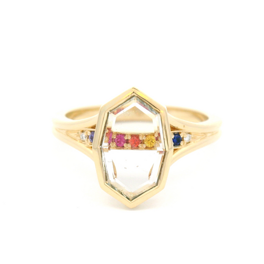 14k Yellow Engagement Ring with 1.07ct Portrait-Cut Sapphire, Accent Diamonds and Sapphires