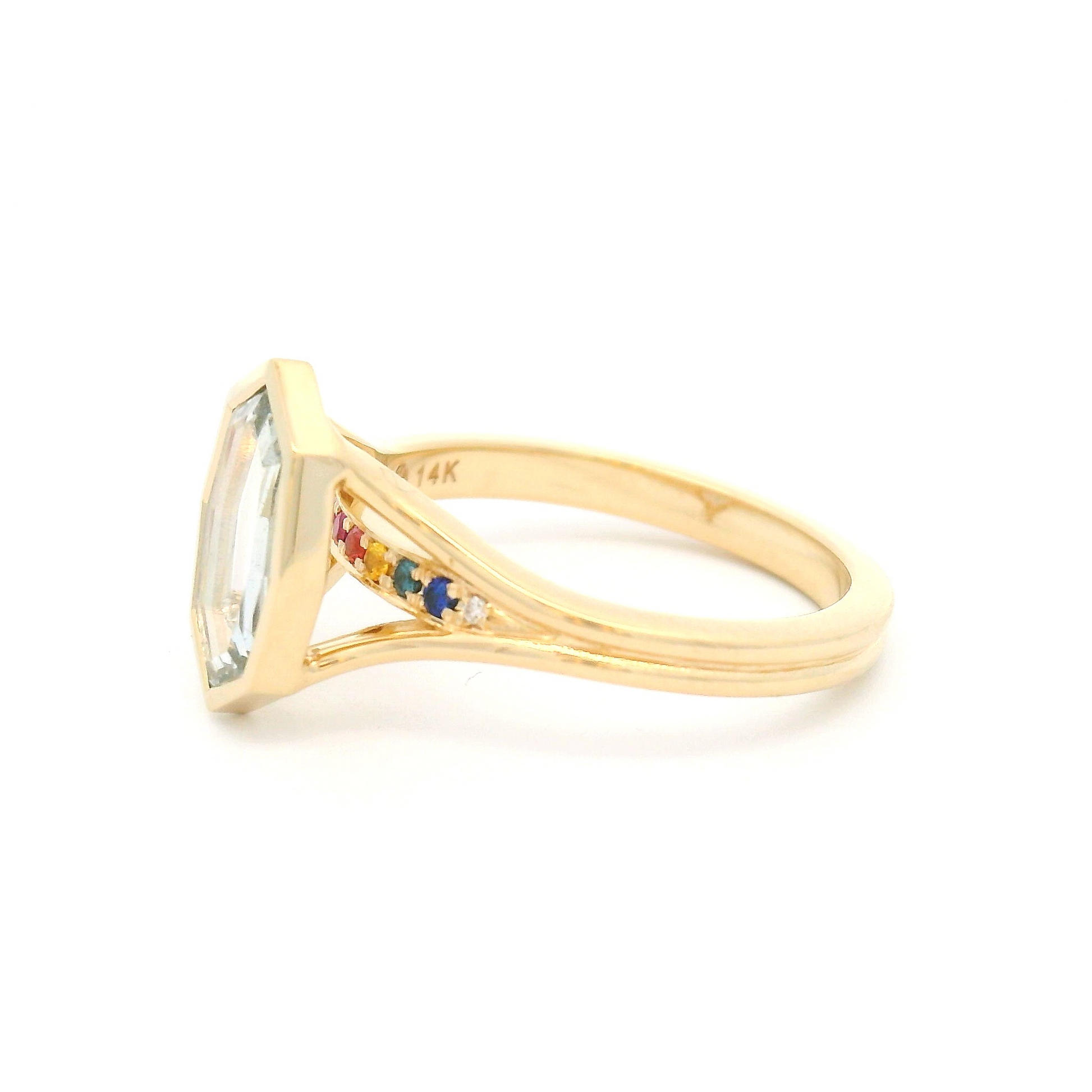 14k Yellow Engagement Ring with 1.07ct Portrait-Cut Sapphire, Accent Diamonds and Sapphires