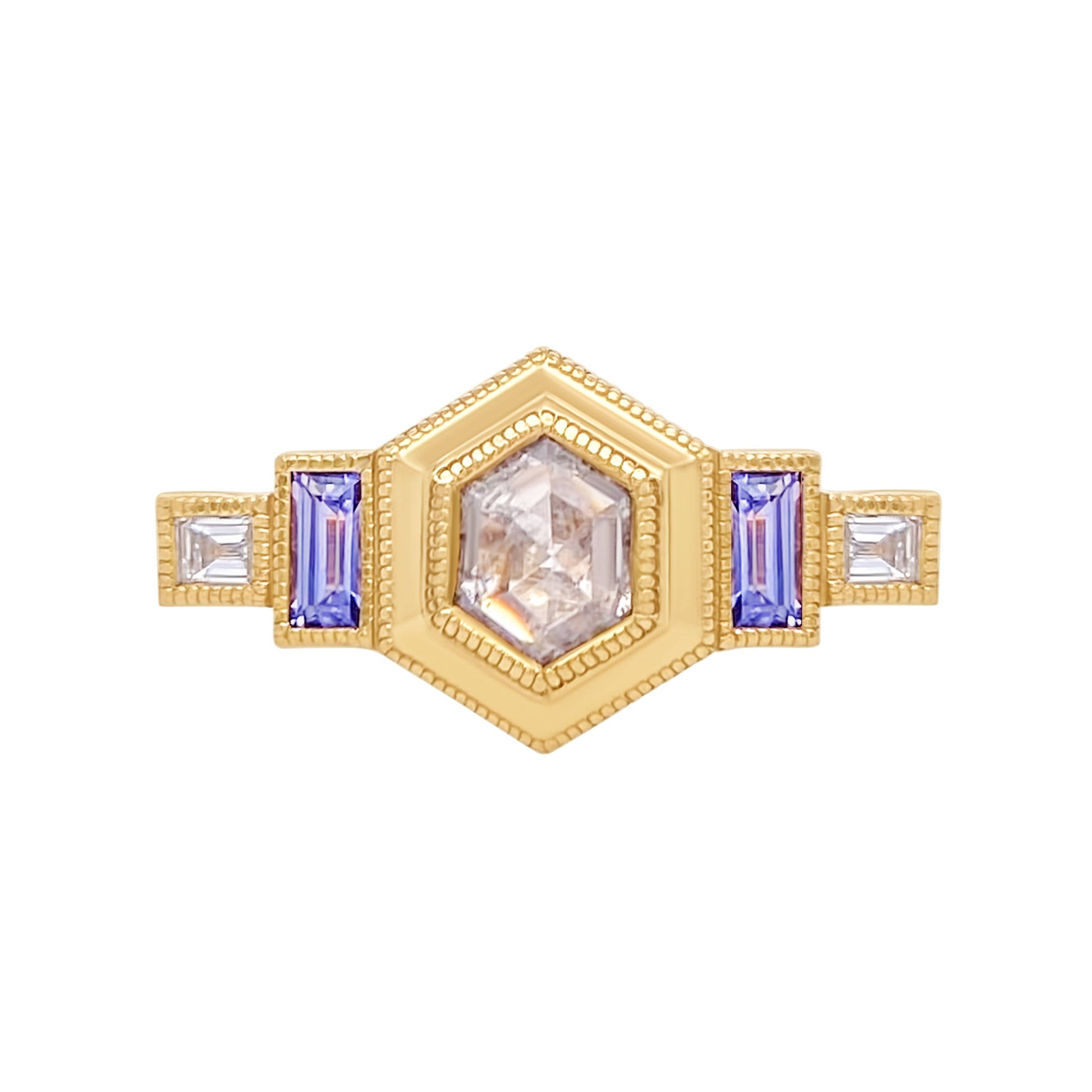 14k Yellow Art Deco Inspired with 0.45ct Rose-Cut Diamond, Accent Purple Sapphires and Diamonds