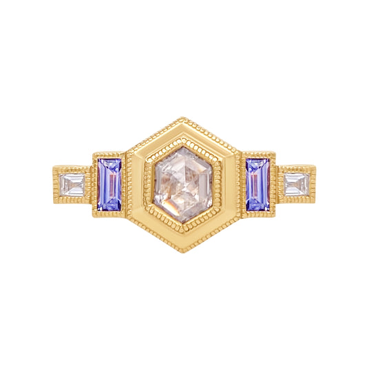 14k Yellow Art Deco Inspired with 0.45ct Rose-Cut Diamond, Accent Purple Sapphires and Diamonds