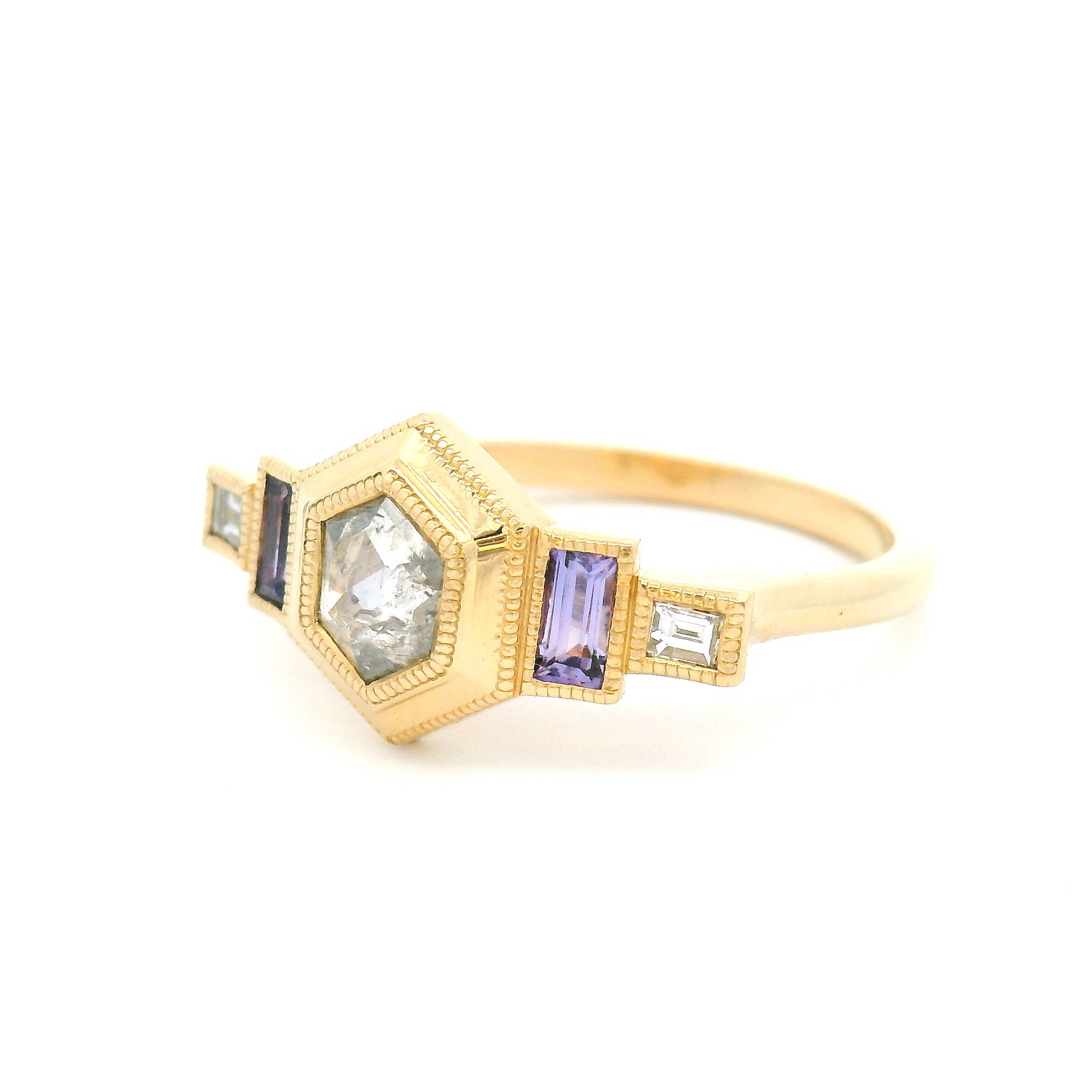14k Yellow Art Deco Inspired with 0.45ct Rose-Cut Diamond, Accent Purple Sapphires and Diamonds