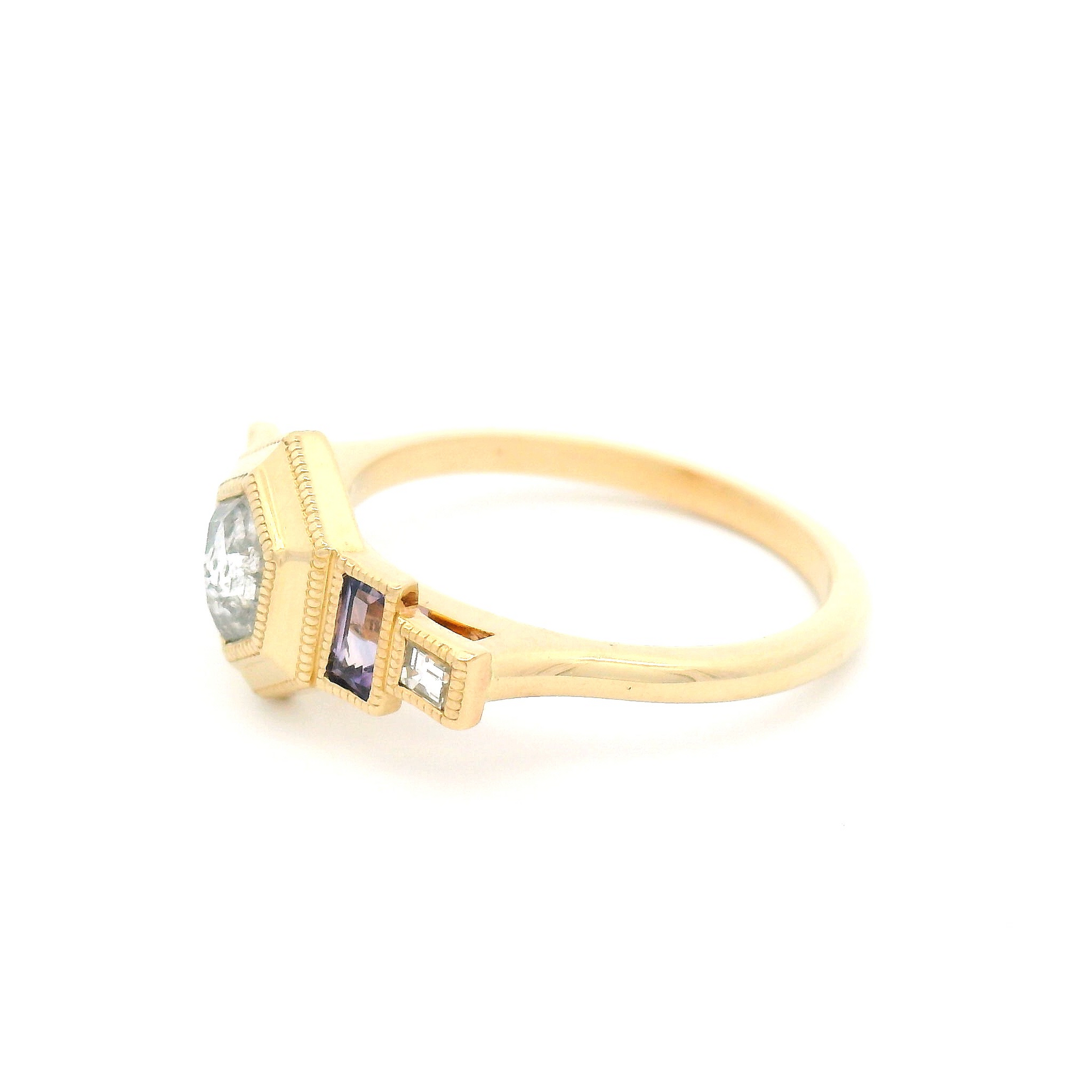14k Yellow Art Deco Inspired with 0.45ct Rose-Cut Diamond, Accent Purple Sapphires and Diamonds