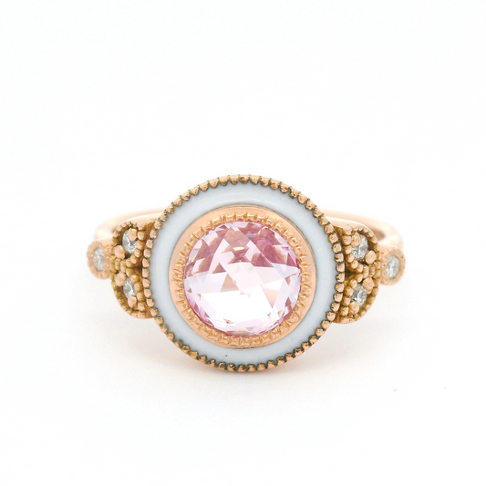 14k Rose Gold Enameled Engagement Ring with 1.36ct Lab-Grown Rose-Cut Pink Sapphire and Accent Diamonds