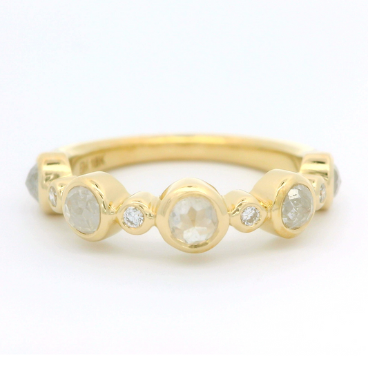 18k yellow band set with 0.90cts total weight of Icy rose cut diamonds and brilliant cut diamonds.