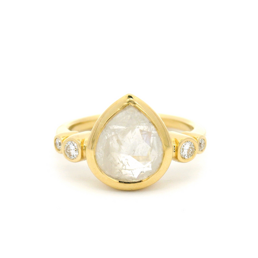 18k yellow ring 2.61ct pear rose cut diamond and accent diamonds.