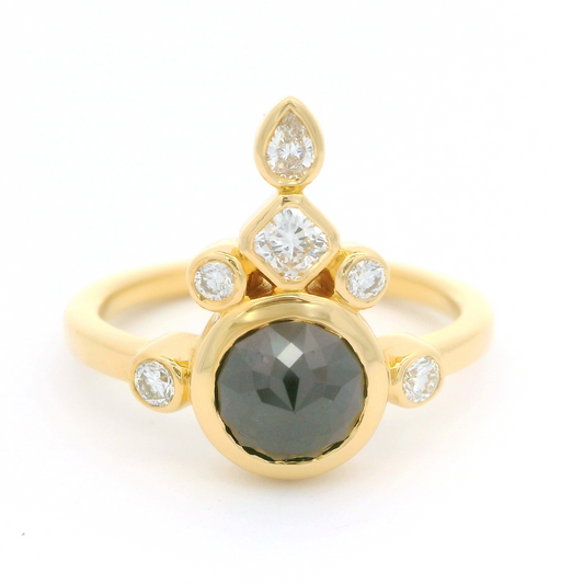 18k yellow ring 1ct black diamond rose cut and fancy shape accent diamonds.