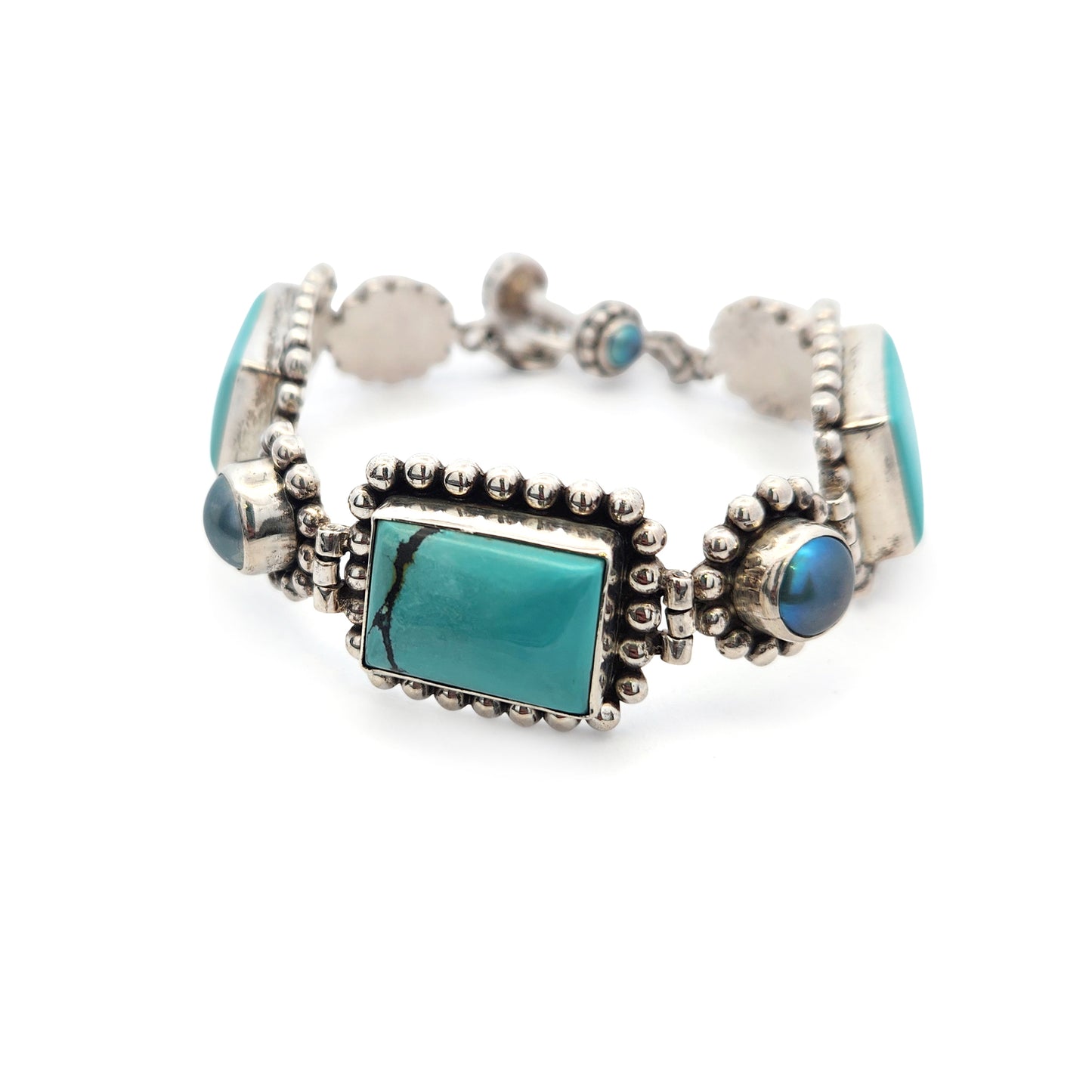 Sterling Silver Turquoise & Pearl Link Bracelet