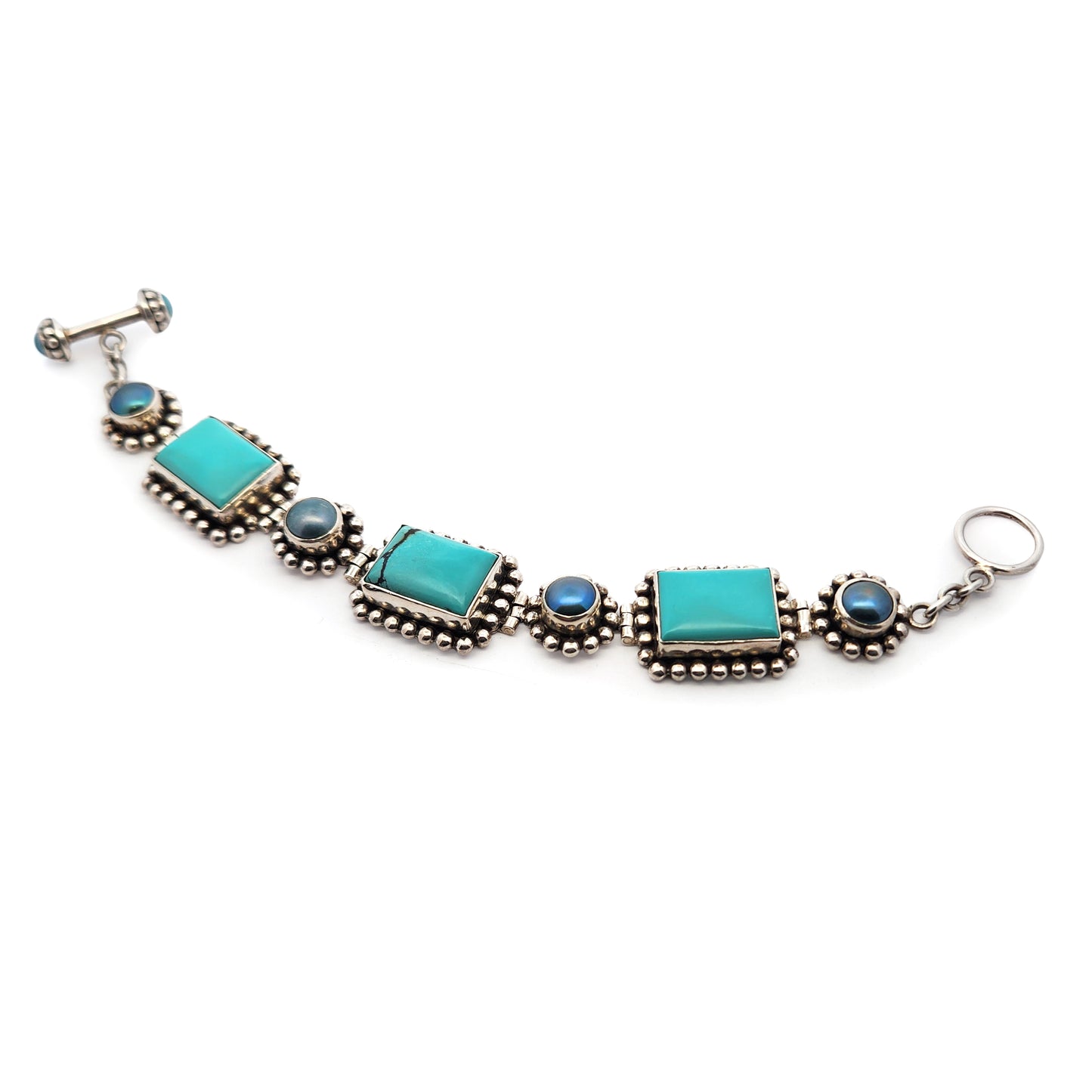 Sterling Silver Turquoise & Pearl Link Bracelet