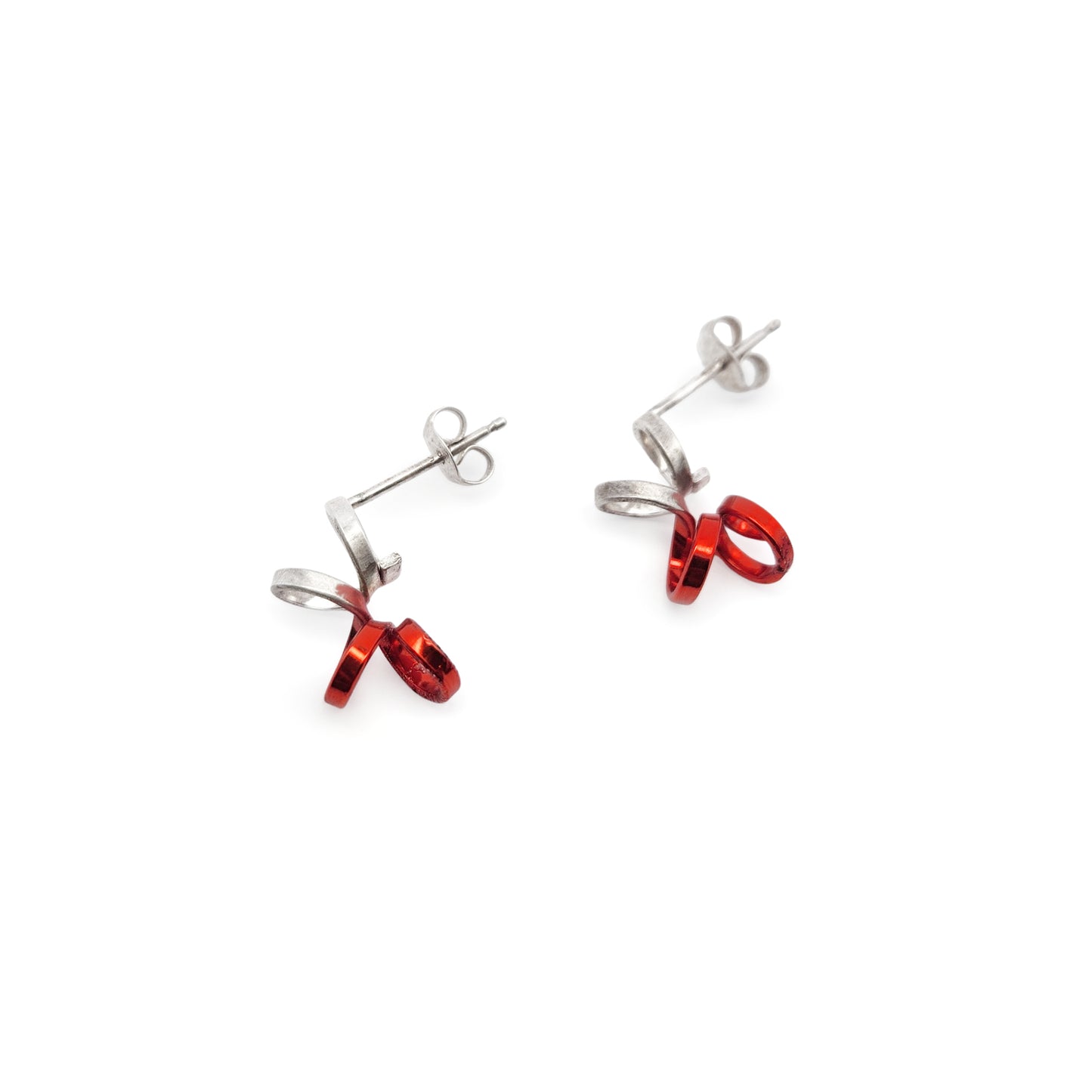 Small Silver & Red Spiral Earrings