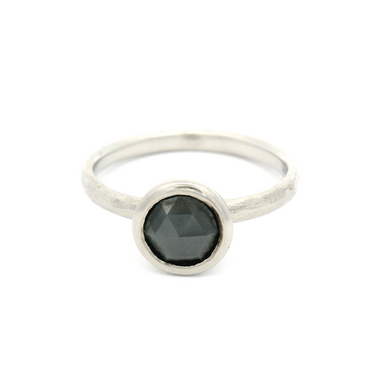 14k White Hammered Finish Solitaire with 1.0ct Rose Cut Black Diamond