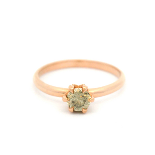 14k Rose Gold Solitaire with Greenish Round Brilliant Cut Diamond