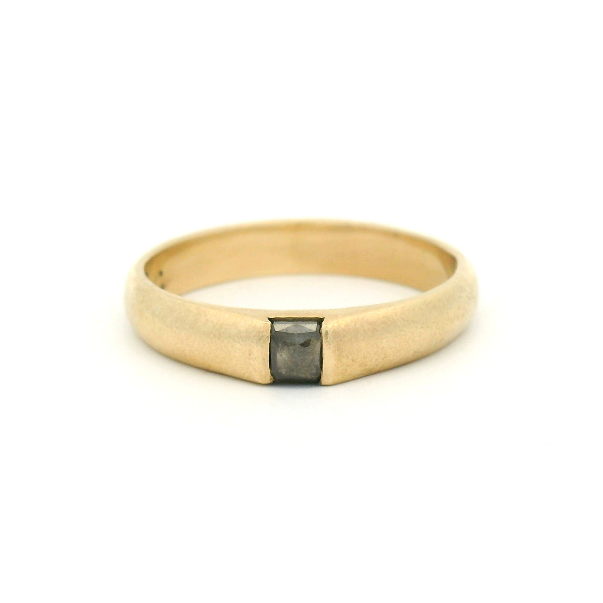 10K yellow gold textured band featuring a natural 0.19ct square rose-cut black diamond channel-set into the band.