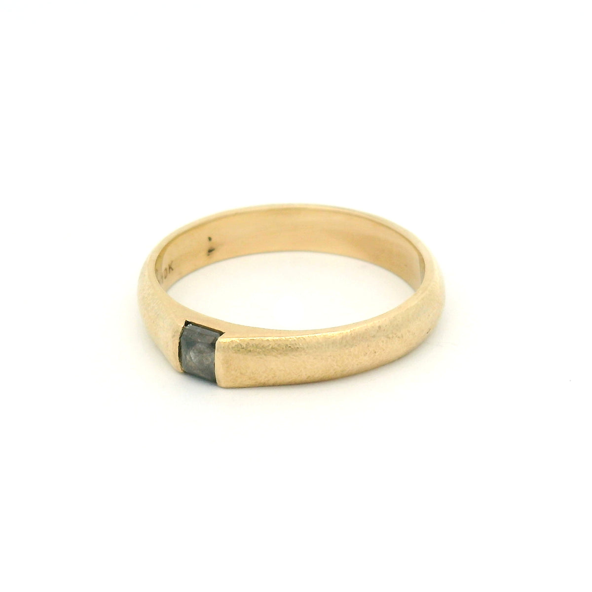 10K yellow gold textured band featuring a natural 0.19ct square rose-cut black diamond channel-set into the band.