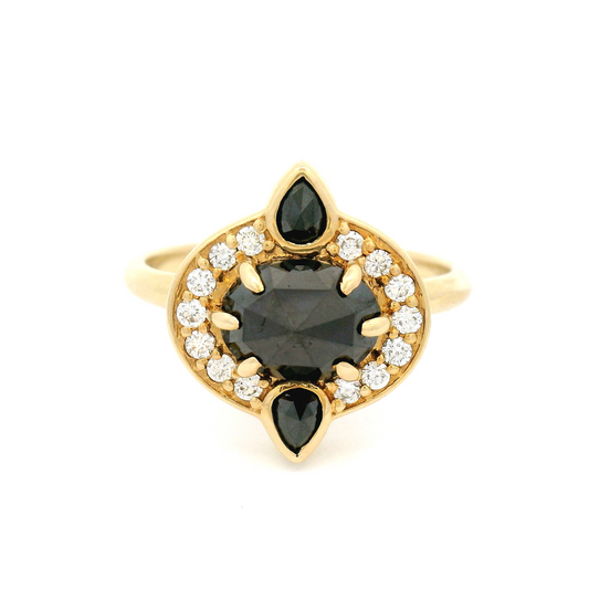 14k Yellow Ring with 2.0ct Black Rose-Cut Diamond, Accent Canadian White Diamonds and Black Rose-Cut Pear Shape Diamonds