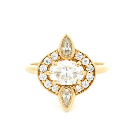 14k Yellow Ring with Oval Moissanite, Accent Halo and Pear-Cuts