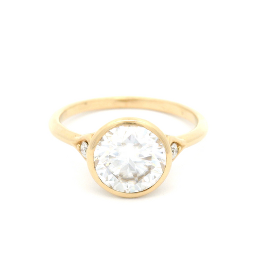 14K Yellow Bezel Set Solitaire with 8mm Moissanite and Accent Stones