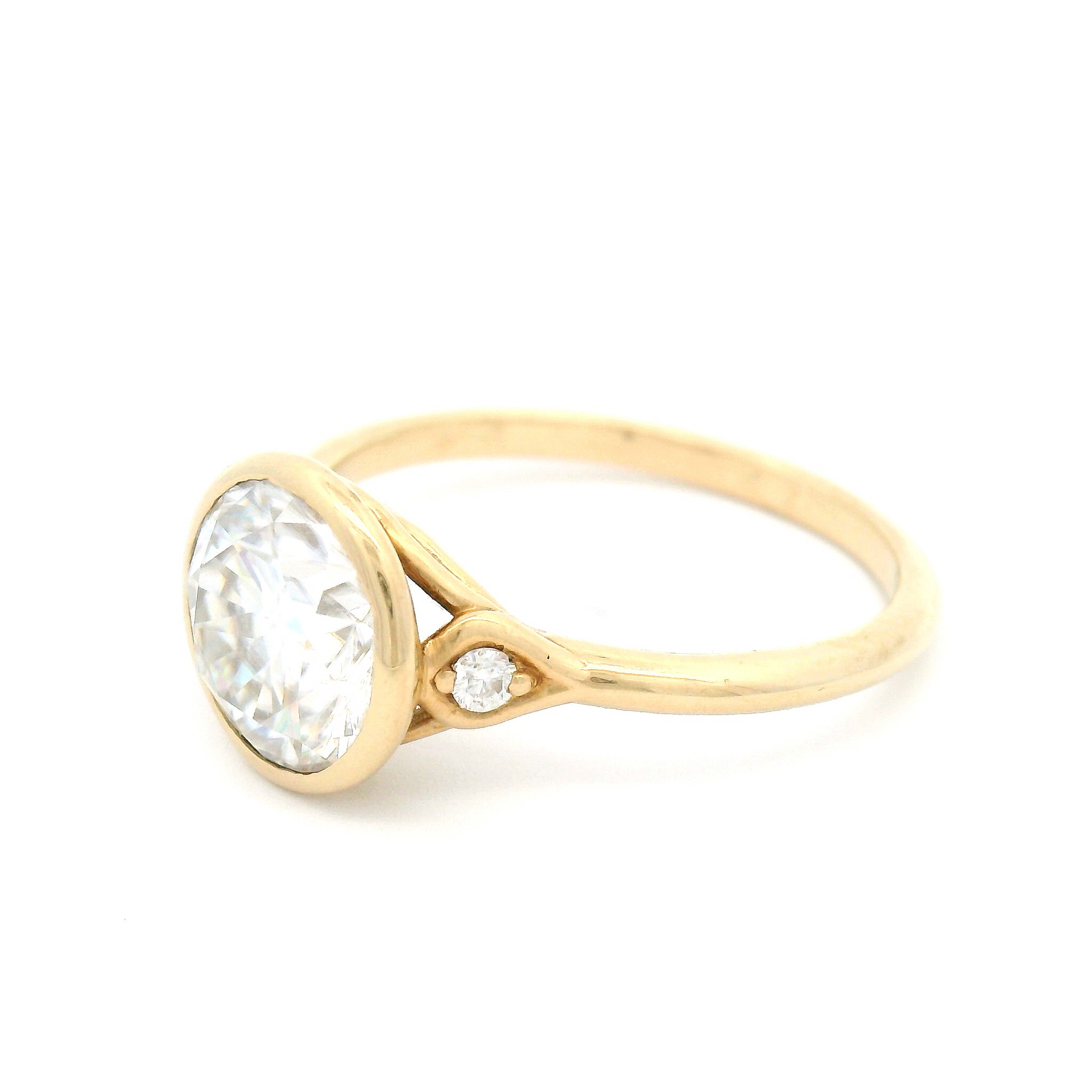 14K Yellow Bezel Set Solitaire with 8mm Moissanite and Accent Stones