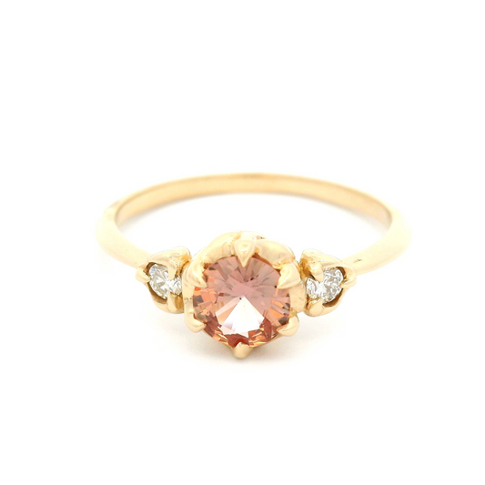 14k Yellow Three Stone Engagement Ring with 1.0ct Peach Sapphire and Accent Diamonds